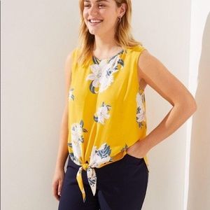 LOFT Women's yellow Floral Tie Front Sleeveless Button Back Shirt Top Sz Small